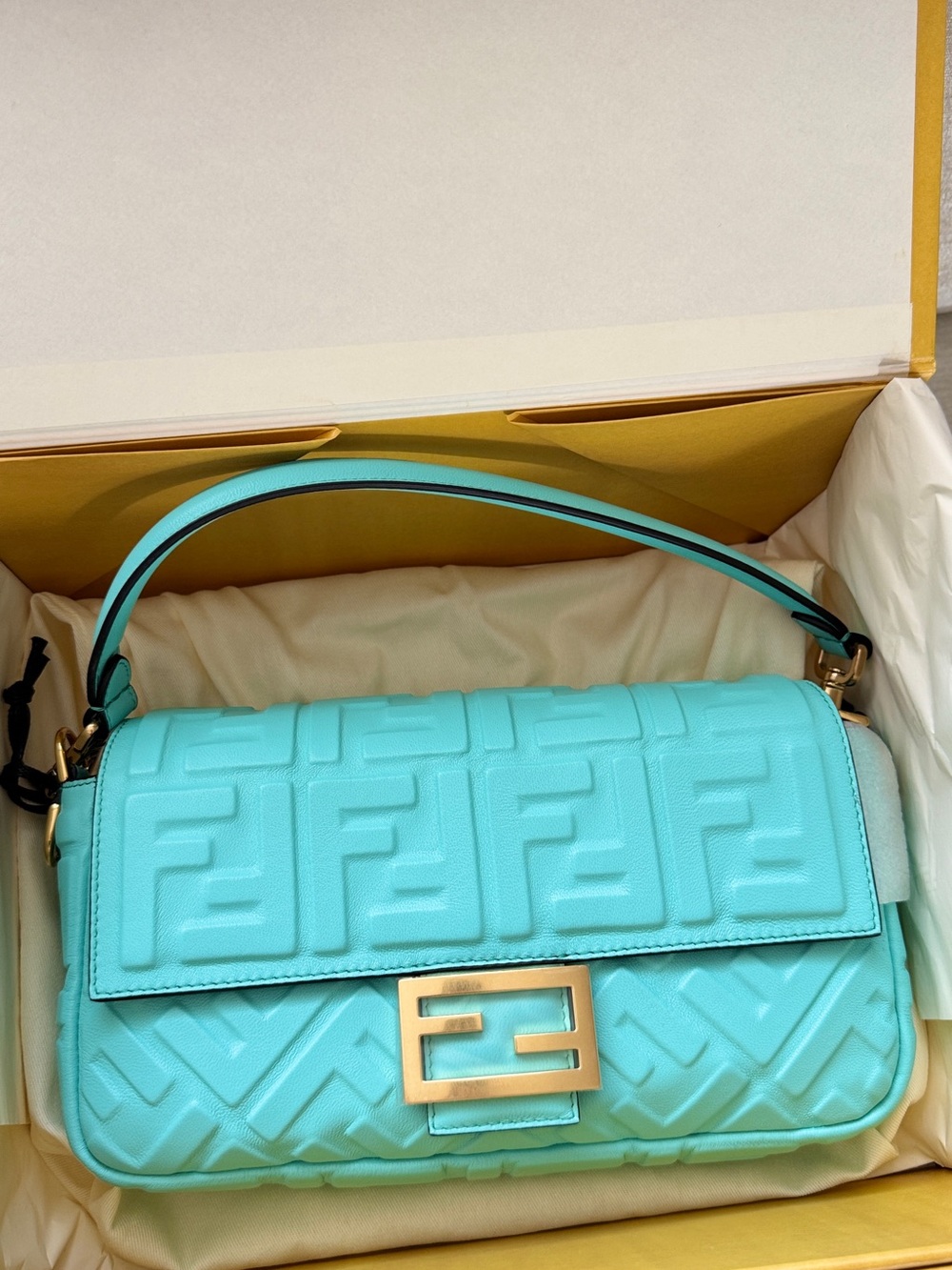 Fendi Embossed FF Baguette Shoulder Bag in Aqua